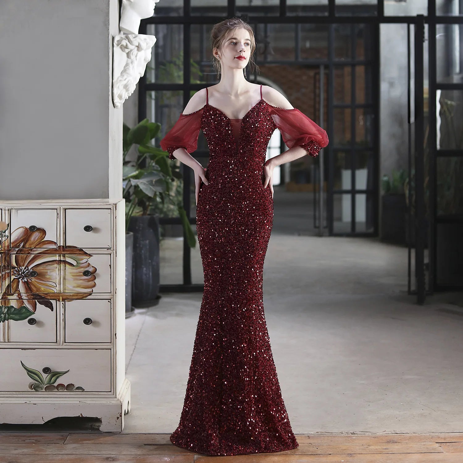 18685# Wedding Car Model Exhibition Beads Toasting Bridal Long Dinner Slim-fit Fishtail Dress
