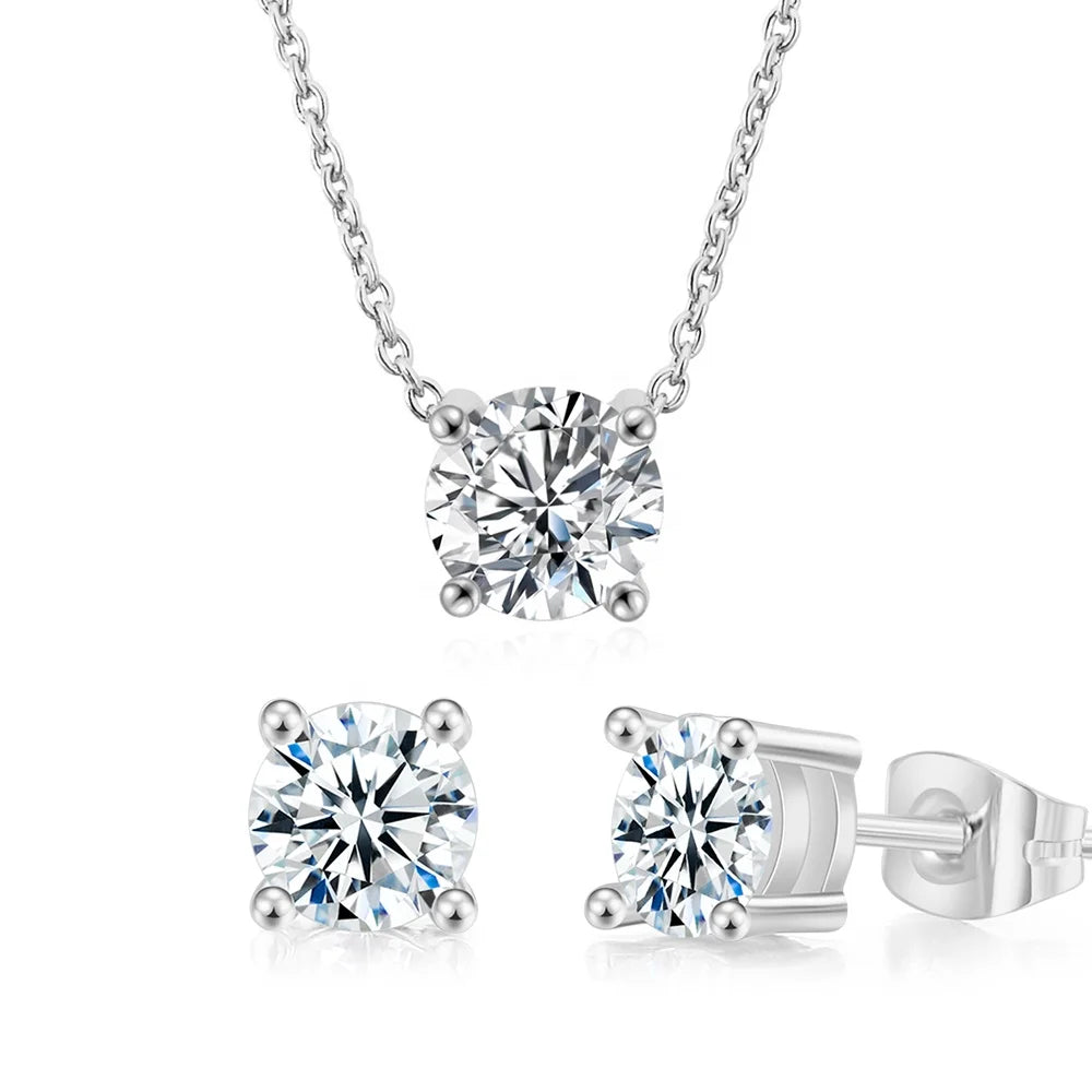 Fashion Classic Solitaire 7mm Round Zircon Diamond Bridal Wedding Earring Necklace Jewelry Sets for Women S565