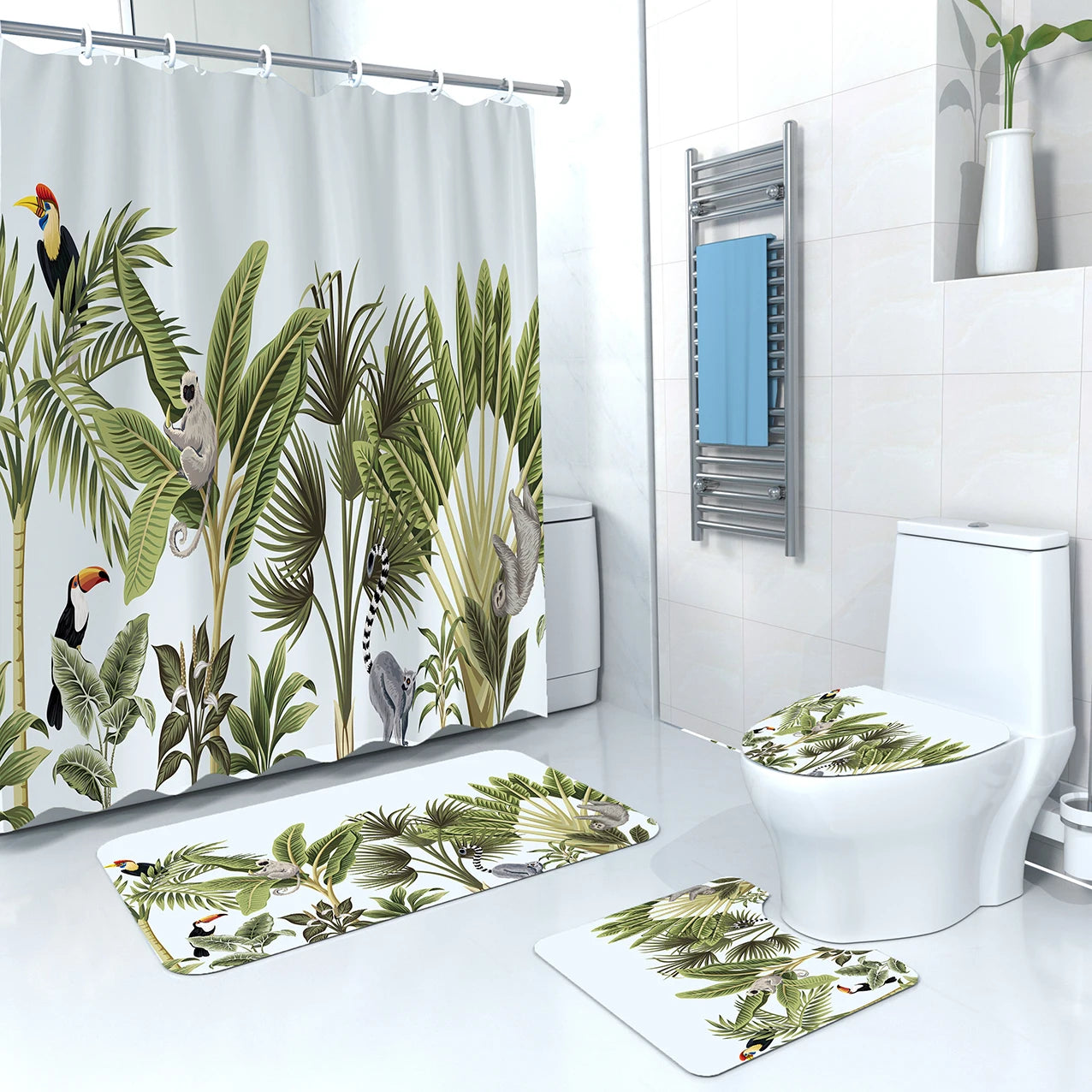 Waterproof Plant Creature Landscape Fabric Bathroom Shower Curtain Set Durable Shower Curtain Set 4pcs