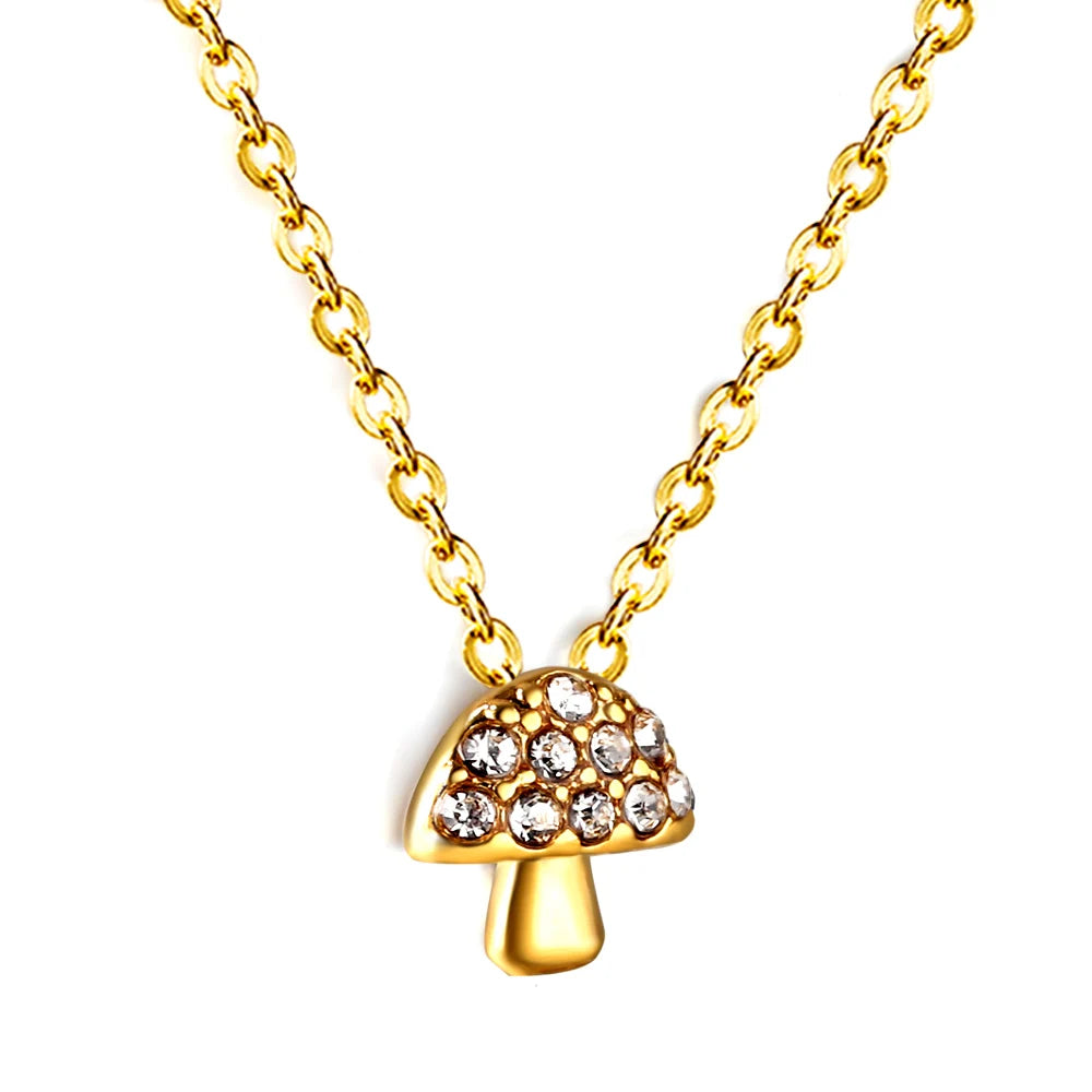 Ason Jewelry Fashion 18K Gold Plated Necklace Stainless Steel Pendant Diamond Mushroom Cute Necklace