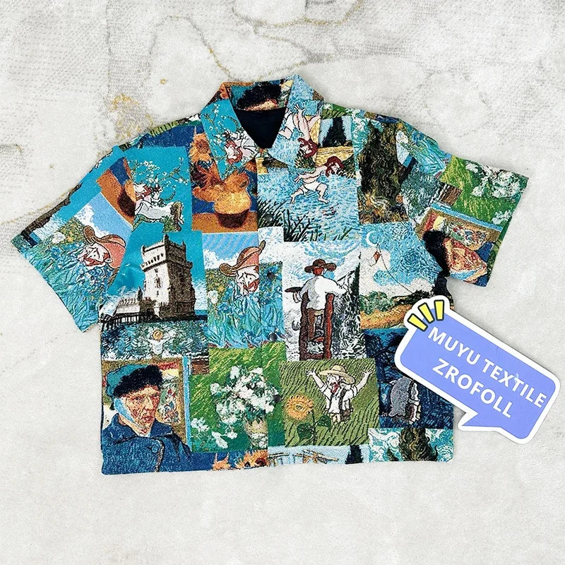 Custom Van Gogh Collection Men's Yarn Dyed Jacquard Durable Button-Up Short-Sleeved Shirt Jacket Hip Hop Regular Fit Machine