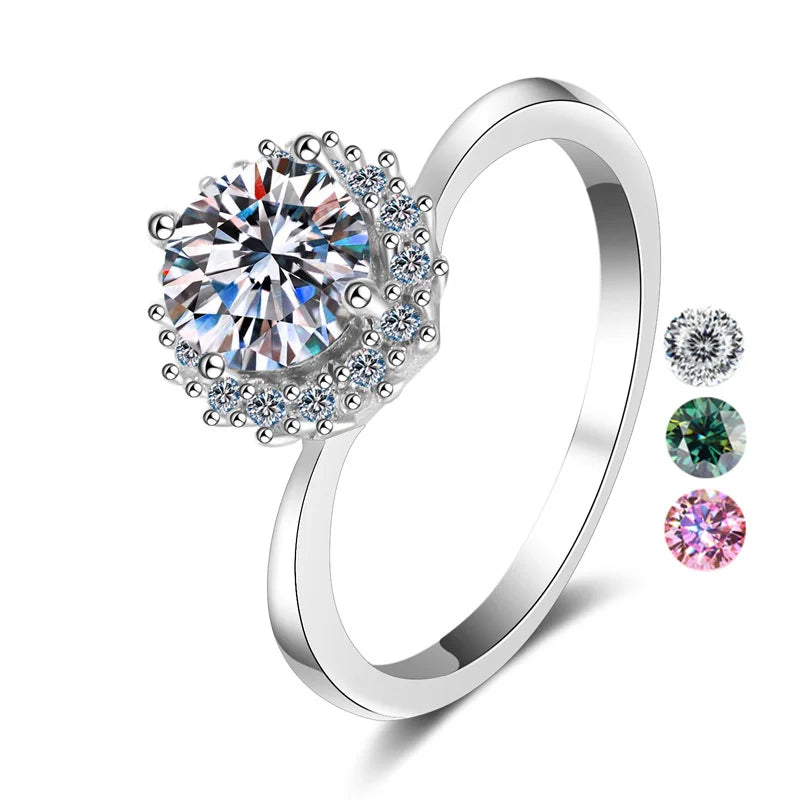 Hot Sale D Vvs Color Moissanite Round Brilliant Cut Flower Shape Luxury Jewelry 925 Sterling Silver Ring for Women