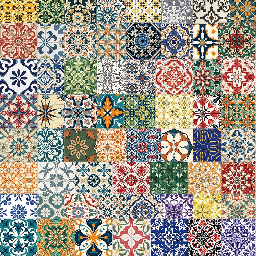 62PCS Traditional Mandala Flower Decals Multicolor Talavera Vintage Tile Sticker