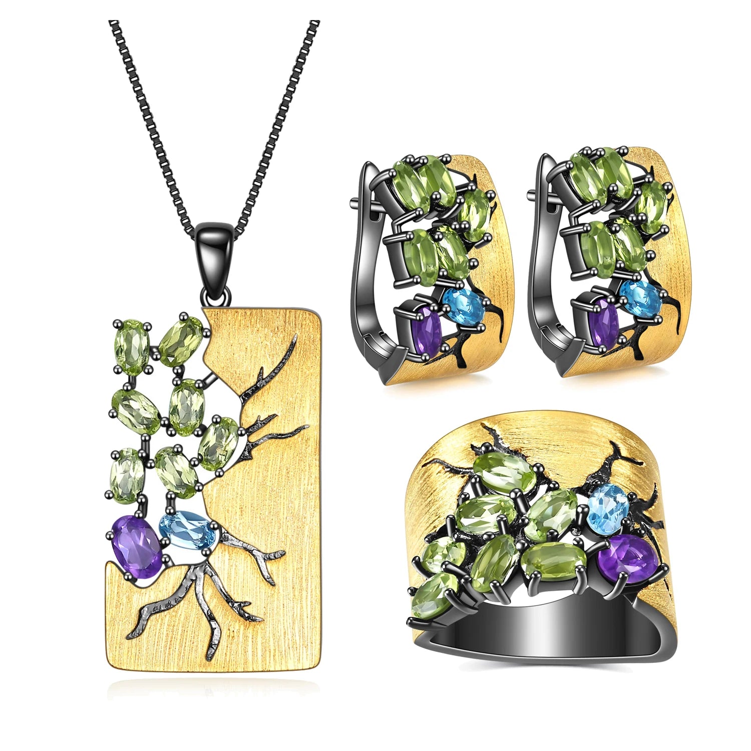 C7875 Abiding Fine Jewelry Tarnish Free Natural Mix Gemstone Gold Plated 925 Silver Earrings Necklace Ring Jewelry Set