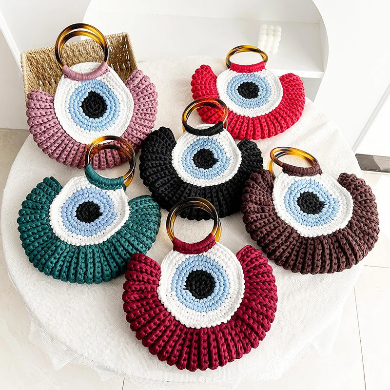 Evil Eye Crocheting Tote Bags Custom Handmade Knitted Tshirt Yarn Crochet Purses and Handbags
