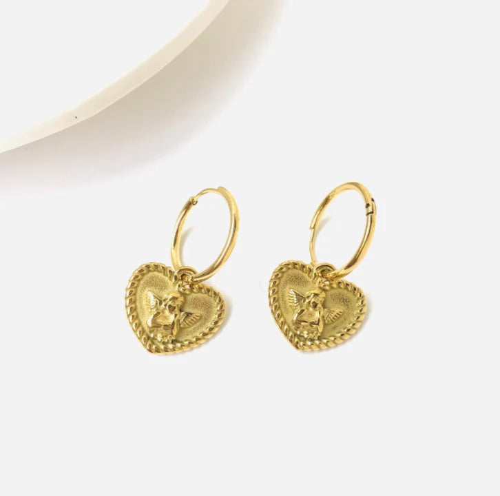 Heart Guardian Angel Hoop Earrings Cherub 18k PVD Gold Plated Earrings Stainless Steel Jewelry Charm Earrings for Women