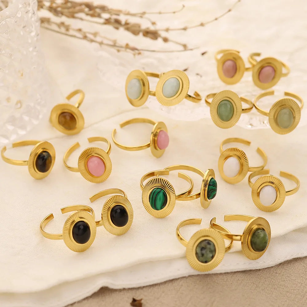 Women's Titanium Steel Natural Stone Ring Gold Plated Hand Adjustable Trendy Fashionable Non-Fading New Arrival
