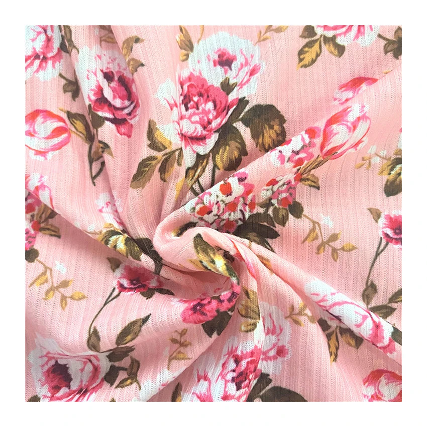 Manufacturer Cheap Price Digital Printed Polyester Spandex Floral Rib Knit Fabric for Sweater