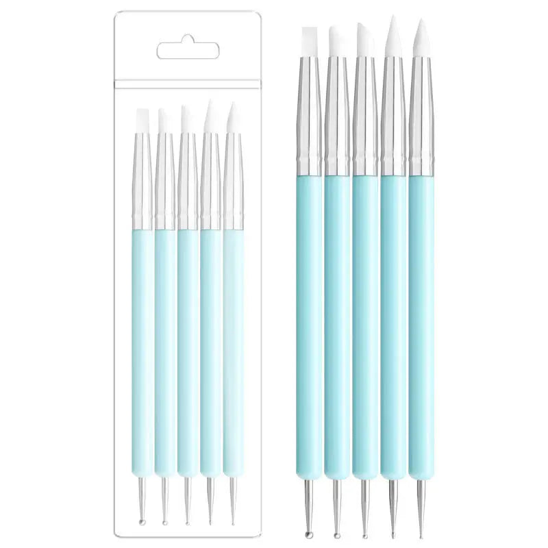 5pcs/set Flat Silicone Nail Art Brush Double-Headed Dot Flower Dotting Pen for Engraving Embossing Marbleizing Painting