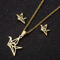 Lovely 18k Gold Silver Plated Stainless Steel Cute Charm Paper Crane Earring Necklace Jewelry Set for Women