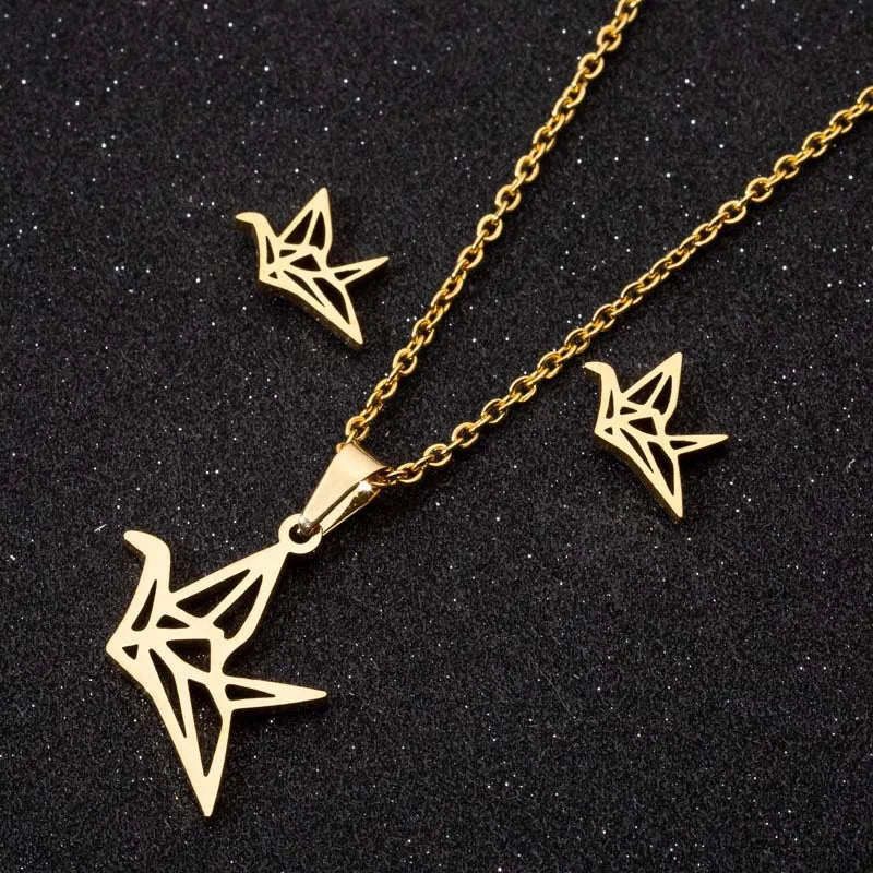 Lovely 18k Gold Silver Plated Stainless Steel Cute Charm Paper Crane Earring Necklace Jewelry Set for Women