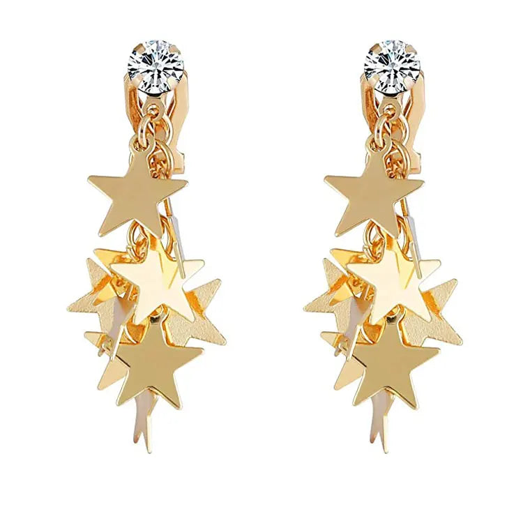 SC Fashion Multilayer Pentagram Dangle Drop Earrings Women Personalized Long Non Pierced Gold Plated Star Clip on Earrings 2022