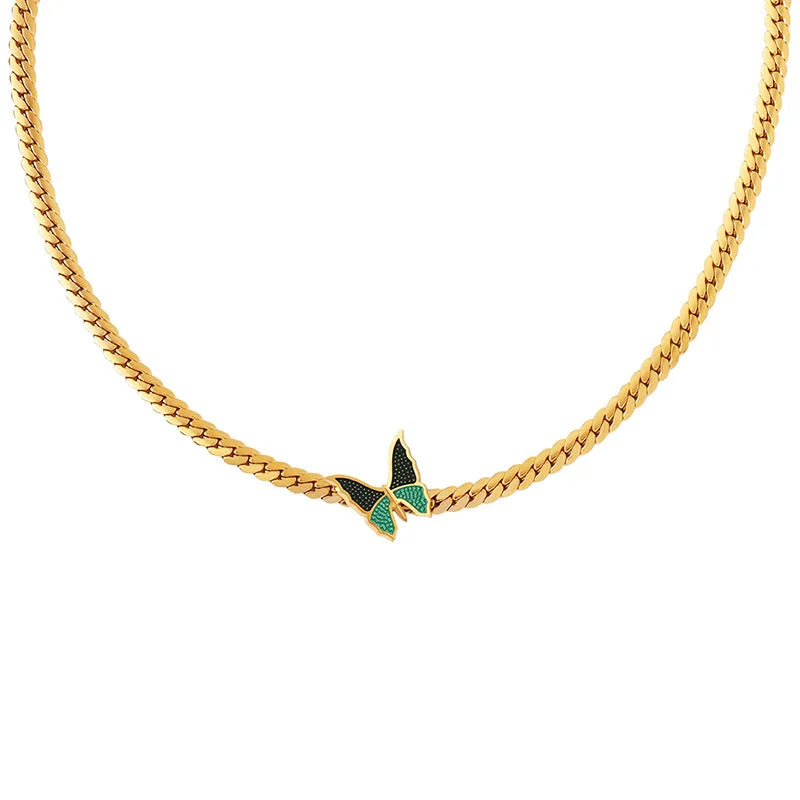 Hip Hop Trendy Charm Curb Cuban Link Chain Gold Chain Necklace Stainless Steel Green Butterfly Simple Necklace for Women