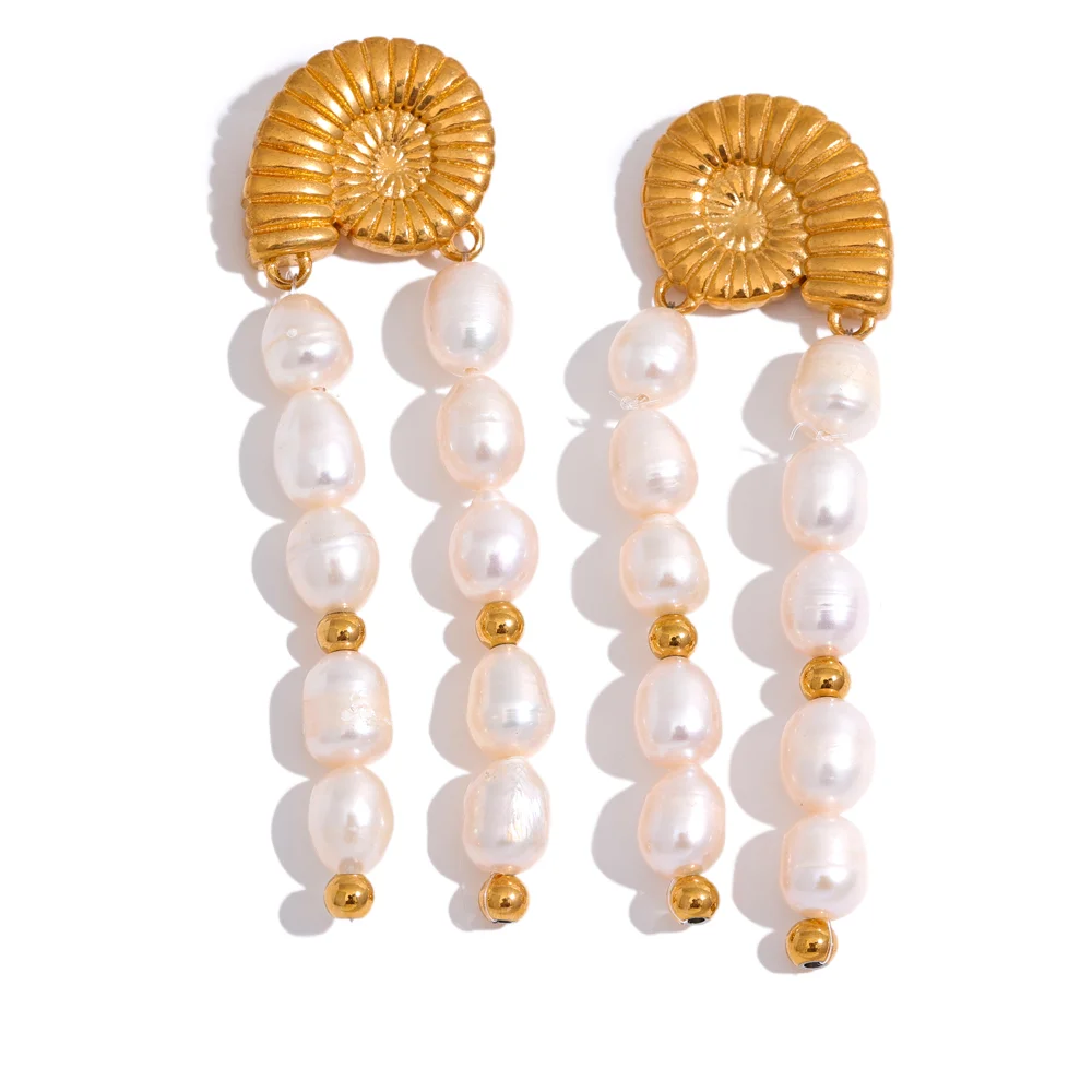 JINYOU 2334 Luxury Natural Freshwater Pearls Tassel Drop Stainless Steel Shell Earrings Handmade Premium Jewelry Women Gift