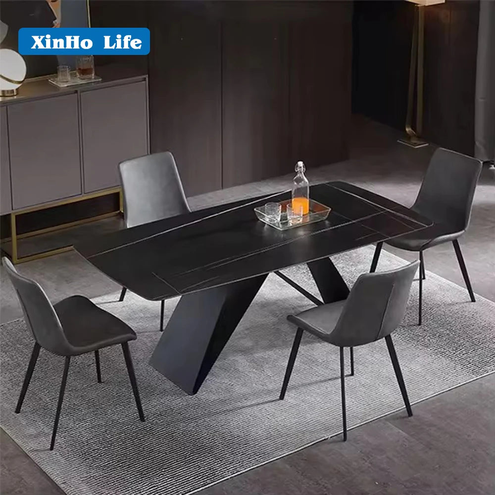 New Light Black Dining Table Room Furniture Leather Base 4 Seaters Marbal Stone Slate Dining Table Set