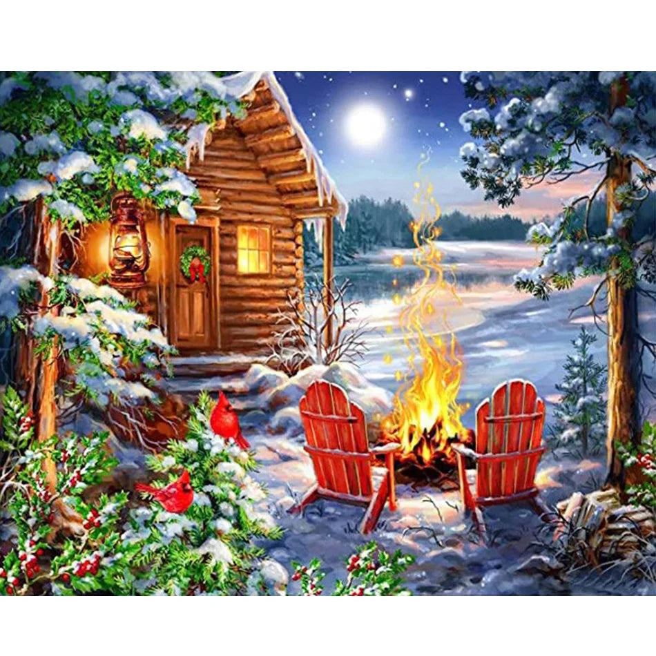 Painting by Numbers Kits Snow House Diy Crafts Acrylic Paint on Numbers for Adults Beginner for Home Wall Arts 40x50cm