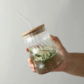 Simple Stripe Clear Glass Cup with Bamboo Lid and Straw for Juice Milk Mocha-Daily Use Mug