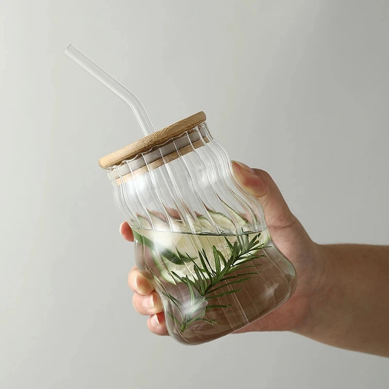 Simple Stripe Clear Glass Cup with Bamboo Lid and Straw for Juice Milk Mocha-Daily Use Mug