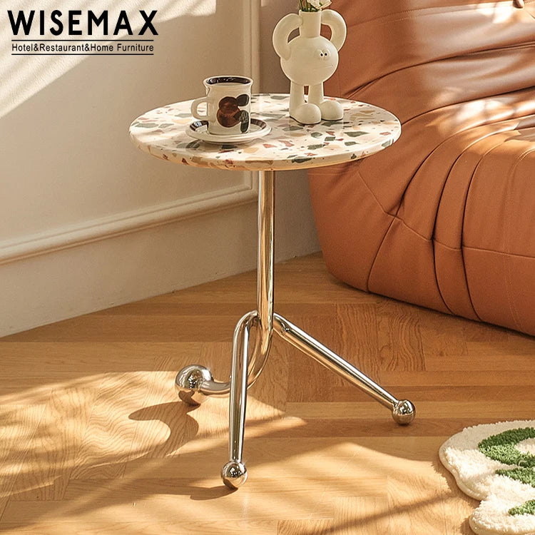 WISEMAX FURNITURE Nordic Home Living Room Furniture Round Terrazzo or Plywood Top Metal Frame Side Coffee Table Near Sofa
