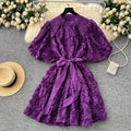 Elegant Women'S Dresses LW1433 Floral Tie-Waist Puff Sleeve Button-Down A-Line Dress - Elegant Summer Casual Dress