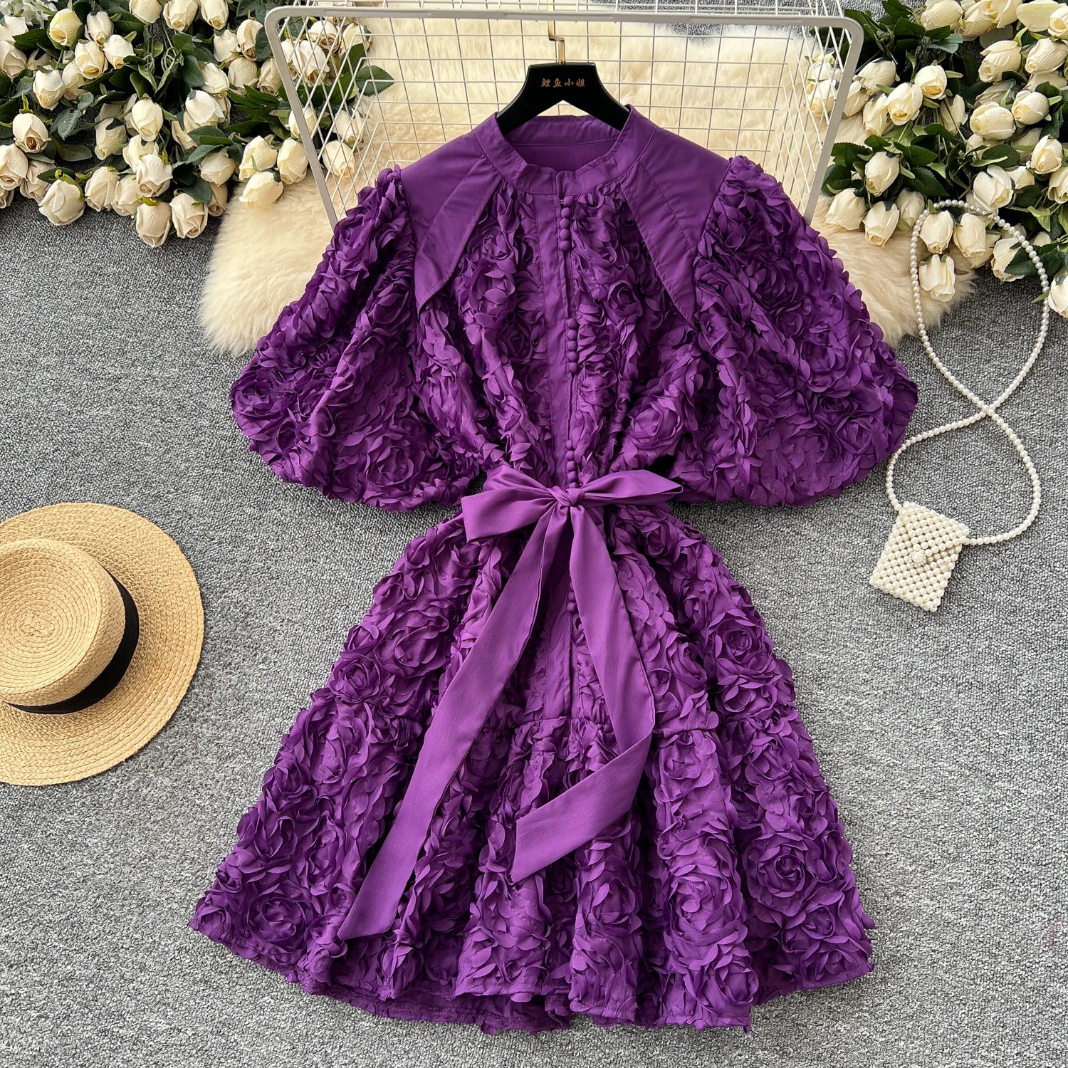 Elegant Women'S Dresses LW1433 Floral Tie-Waist Puff Sleeve Button-Down A-Line Dress - Elegant Summer Casual Dress