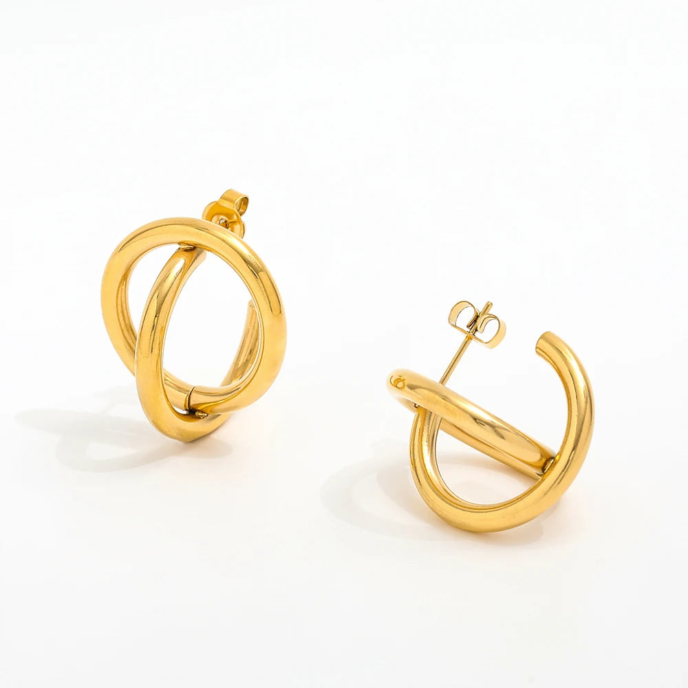 New Trendy Earring 18K Gold Plated Two Circle Cross Hoop Earrings for Women Stainless Steel Earrings Wholesale