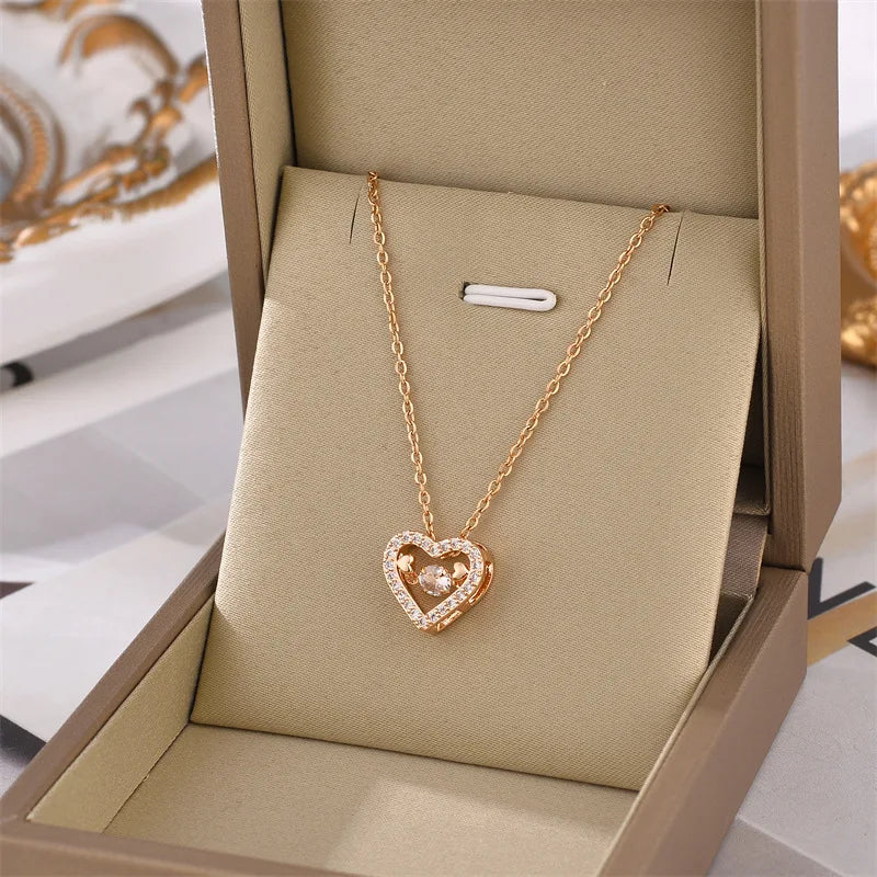 Trendy Hollow Sweet Crystal Love Heart Necklace Rose Gold Plated Stainless Steel Shining Zircon Cz Heart Pendant Necklace