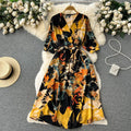 Summer New Floral Short Sleeve Printed Chiffon V-Neck Casual Dress