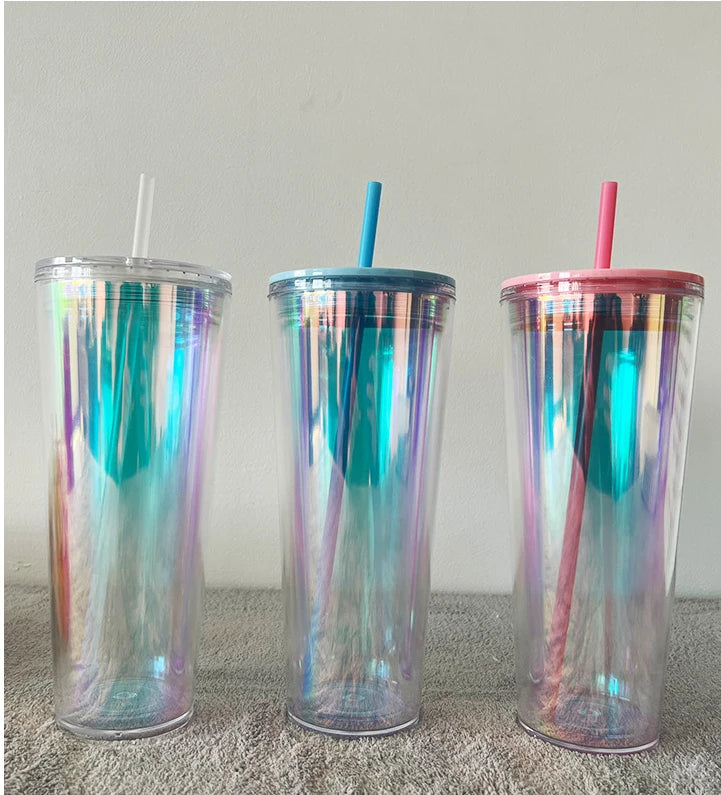 Wholesale Custom Double Wall Tumbler Plastic Laser Skinny Tumblers Cups Holographic Acrylic Tumbler Cups with Straw and Lid
