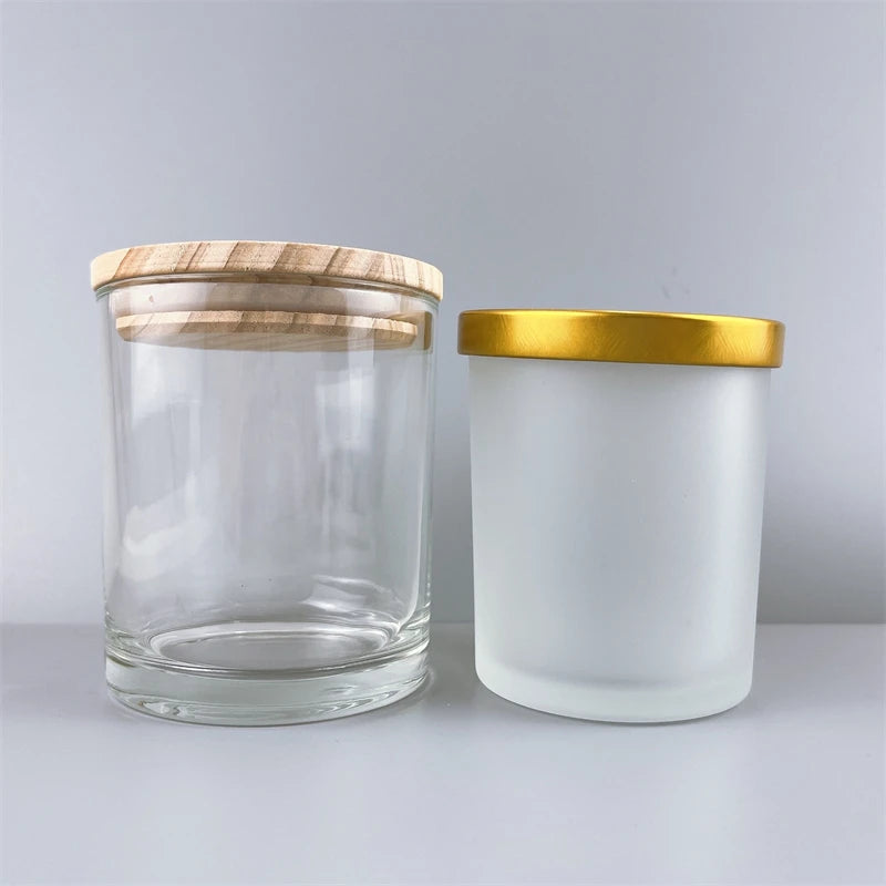300 ml Round Glass Candle Jar With Pine Lids Free Sample clear Bottle With Wooden Cap logo Printing Empty Candle Jar