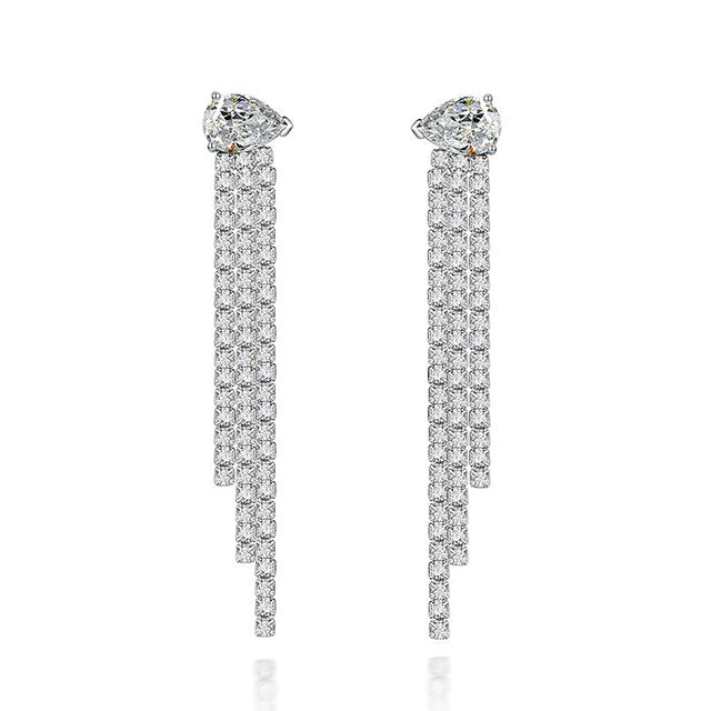 Trendy Classic Chandelier Long Tassel Drop Earrings 925 Sterling Silver Rhodium Plated CZ Stones Women's Wedding Anniversary