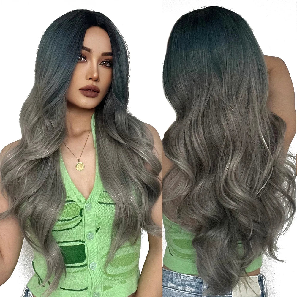 Wigs Factory Price Long Wavy Synthetic Wig Ombre Green to Grey Hair Natural Wavy Heat Resistant for women loose wave wig
