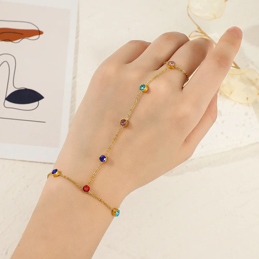 Fashion Hand Back Chain Colorful Zircon Titanium Steel Bracelet 18K Gold Stainless Steel Cubic Zirconia Bracelets Jewelry YF3138