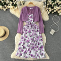 One Size Beach Holiday Split Floral Strap Dress Long Sleeve Sunscreen Cardigan Coat Two Pack Set