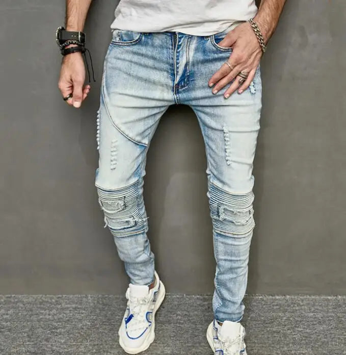 High Street Trousers for Men's Jeans Slim Classic Skinny Men's Jeans Patch Ripped Hole Denim Pants