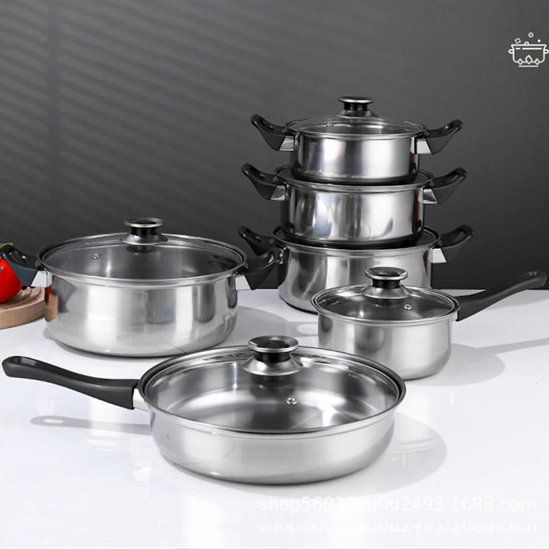 12pcs Stainless Steel Cooking Pot Kitchen Pot Set Wooden Handle Induction  Cookware Fry Pan Kitchenware Kettle Soup Pot