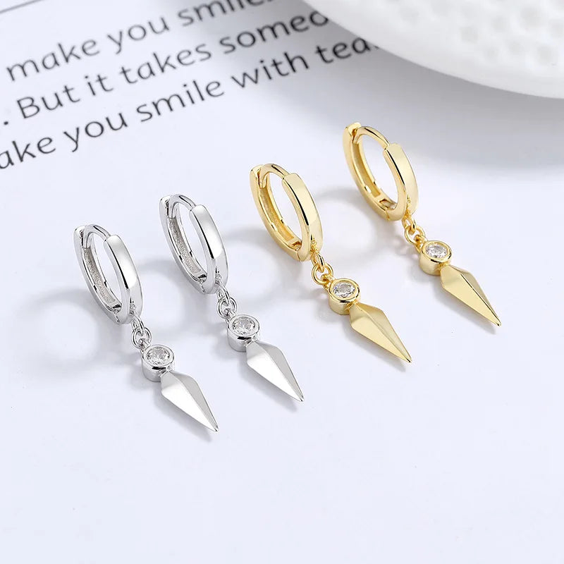 Fine Jewelry 925 Sterling Silver Dangle Earrings Geometric Dagger Conical Cone Zircon Gold Plated Hoop Earrings Women