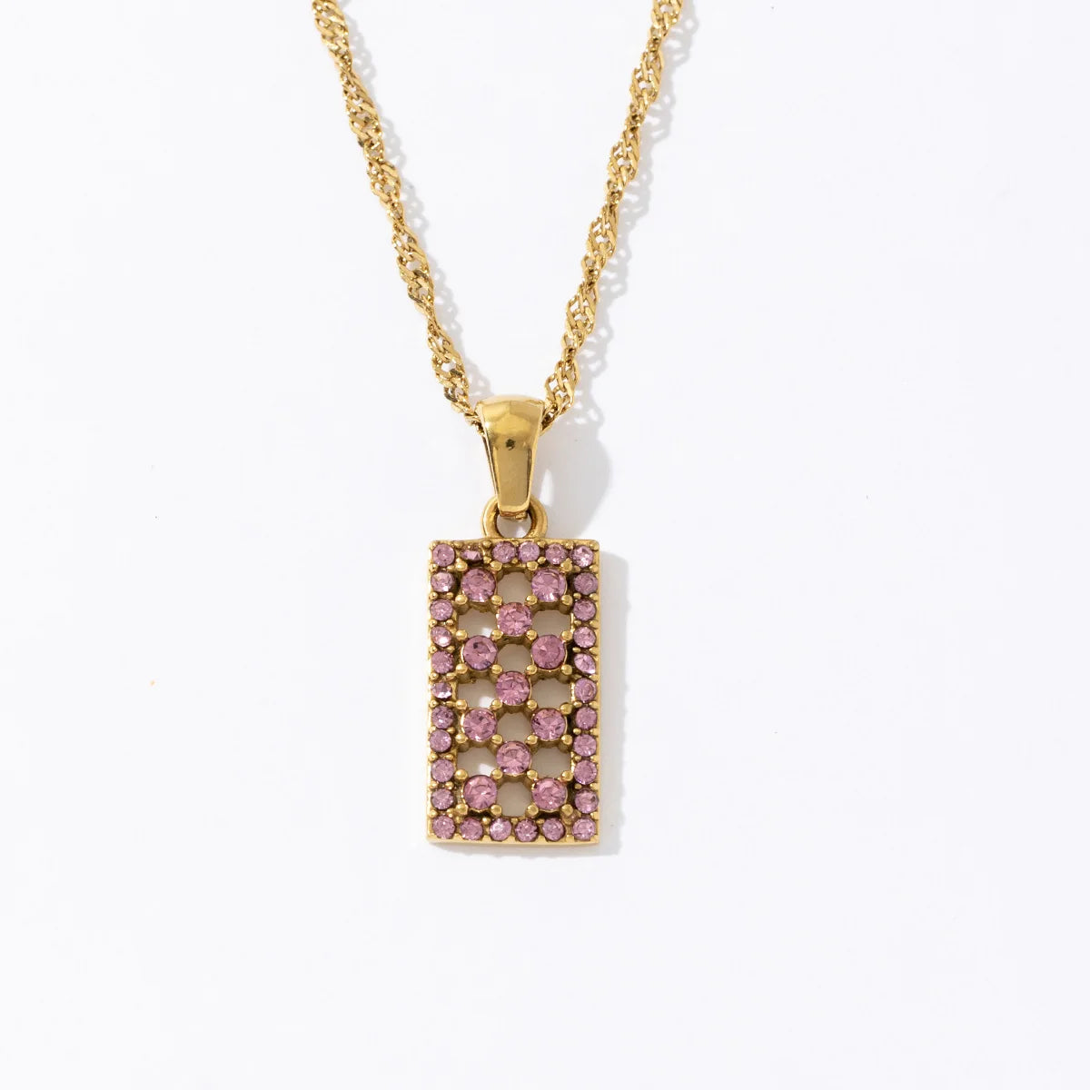 Fashion 18k Gold Plated Stainless Steel Pink Cubic Zirconia Hollow Square Pendant Necklace