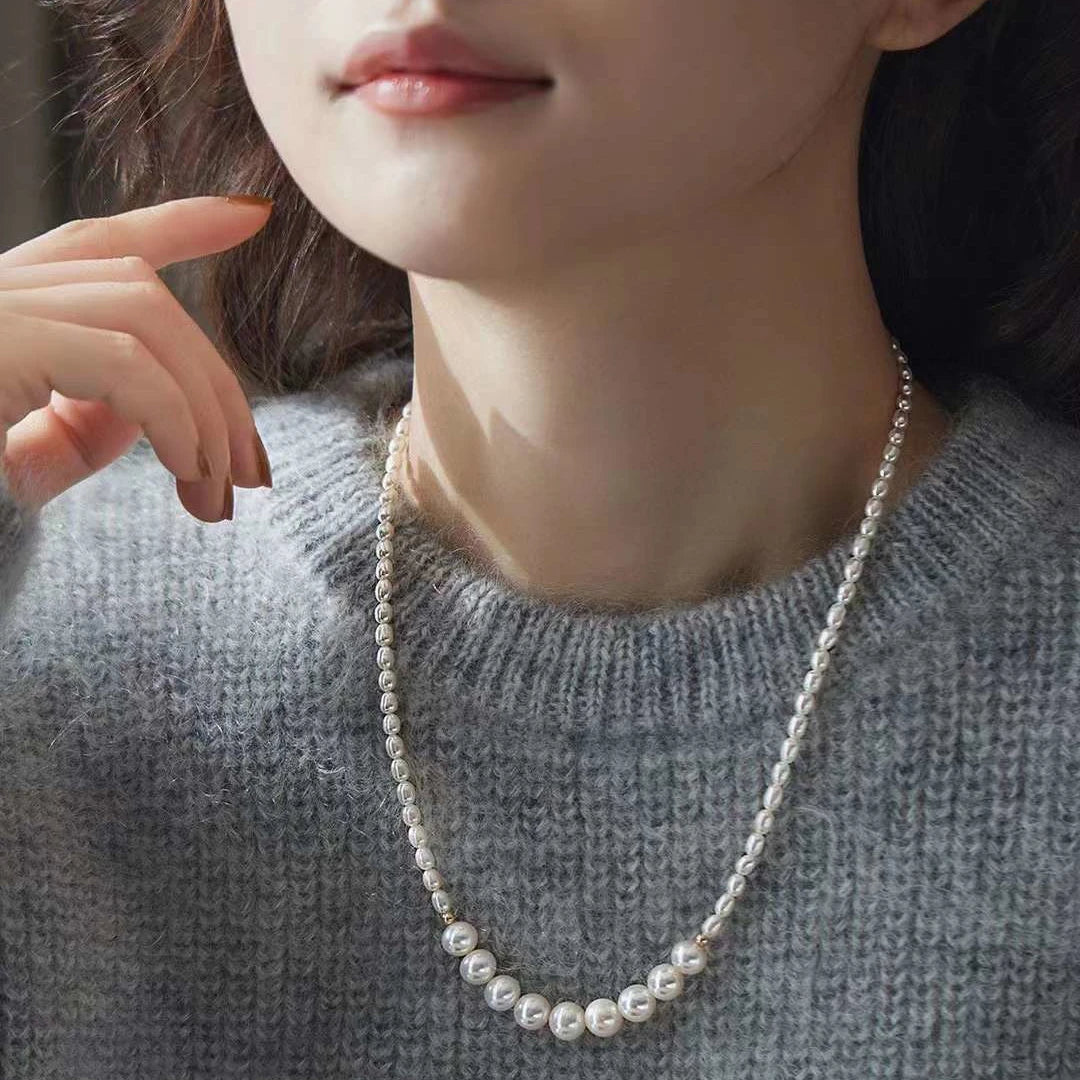 Advanced Retro French Necklace 5-6mm 8-9mm AAAA Grade Natural Freshwater Rice Pearl Silver/Gold Plated Women's Fashion Jewelry