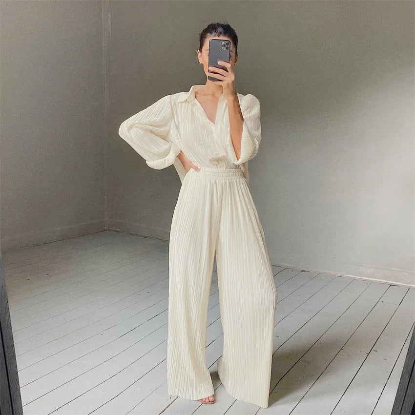 Beige Pleated Wide-leg Pants Women's Trousers Fashion _ Casual Loose Trousers Office Ladies Elegant Long Trousers