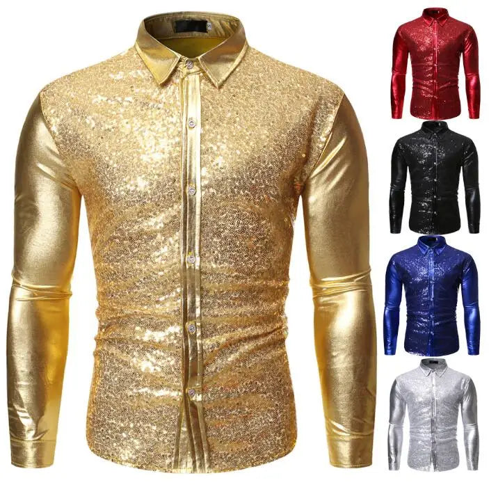 Men Sequins Performance Club Shirts Long Sleeve Luxury Dress Shirt Business Wedding Shiny Shirts