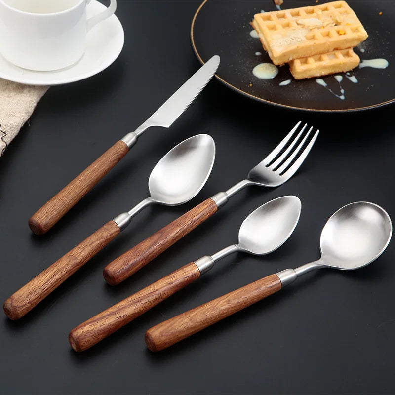 Japanese Style 304 Stainless Steel Flatware Set Walnut Handle Retro Matte Disposable Western Tableware Party UtensilsKnife