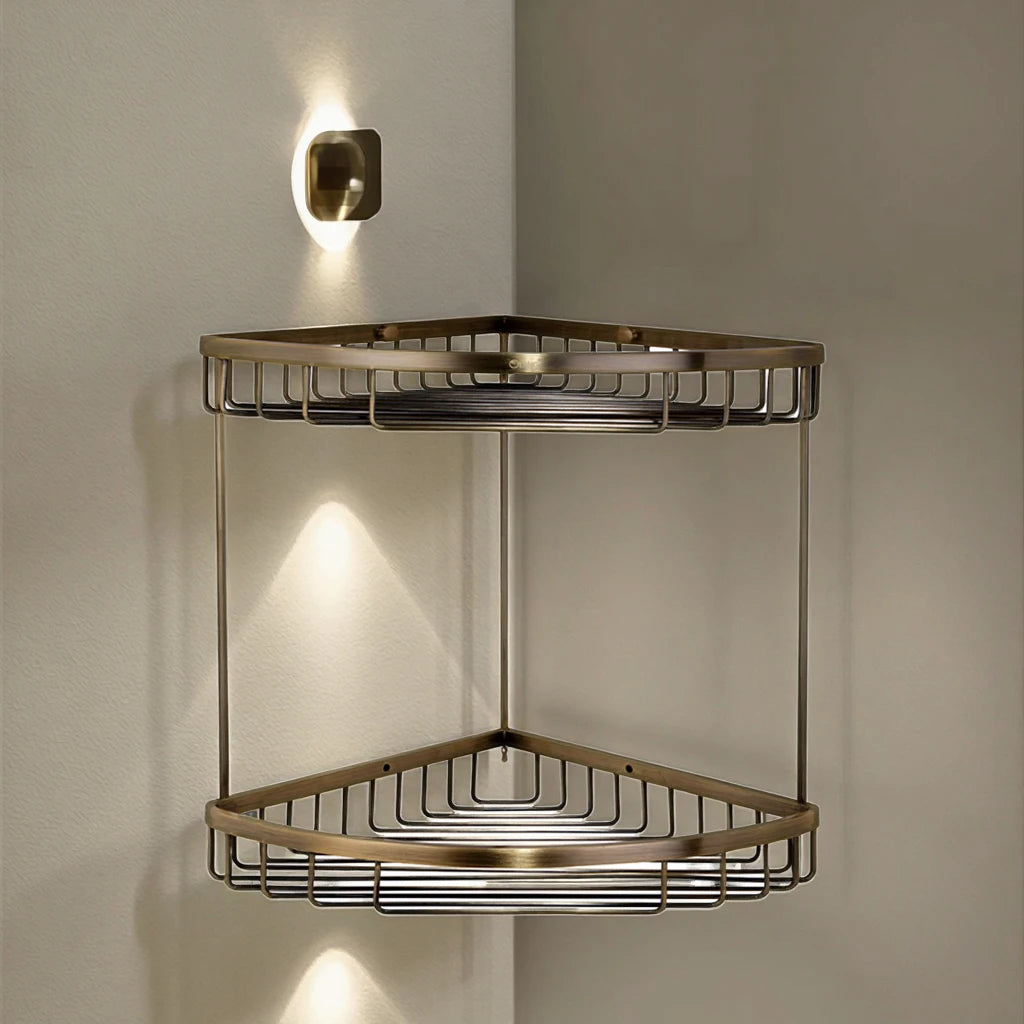 Modern Style Wall-Mounted Brass Bathroom Corner Shelf Shower Caddy with Shampoo Storage Basket for Small Bathrooms