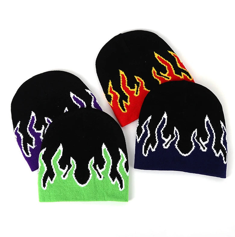 Fashion Acrylic All Over Flame Pattern Beanie Caps Custom Winter Knitted Hat Printed Jacquard Beanies