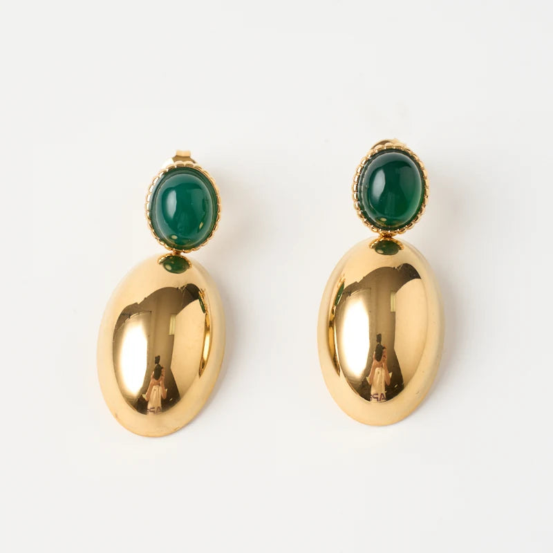 High End Female Retro Vintage 18K Gold Luxury Stainless Steel Green Stone Drop Earrings