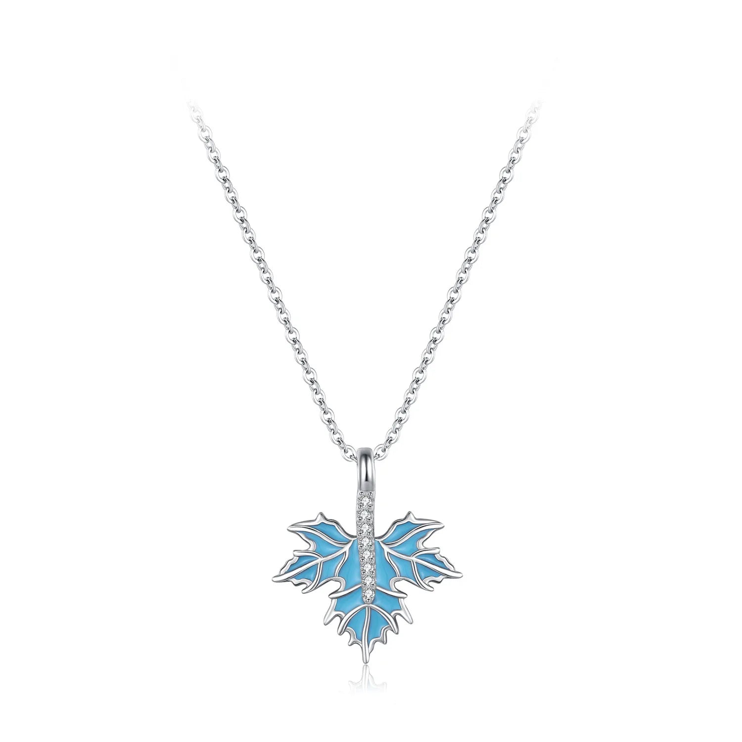 925 Sterling Silver Elegant Maple Leaves Pendant Necklace  CZ Diamond B Blue Enamel Women Wedding Necklace