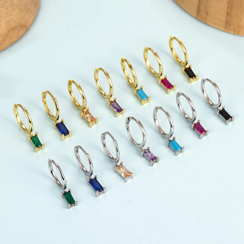 Classics 925 Sterling Silver Claw Setting Rectangle Colorful Zircon Drop Hoop Earring for Women Wholesale