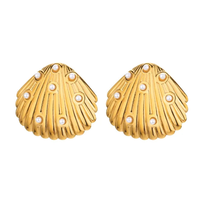 Wholesale Fashion Design Stainless Steel Gold Plated Pearl Shell Stud Earrings for Women Jewelry