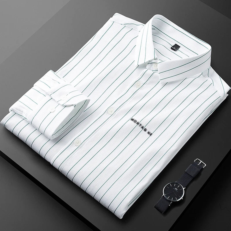 Europe and the United States Simple Luxury Thin Vertical Striped Long Sleeved Shirt High Sense Men's Business Slim Stretch Shirt