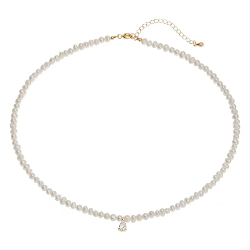 Vintage Unisex Freshwater Pearl Necklace with Water Drop Zircon Simple Millet Clavicle Chain Choker Simple Natural Style